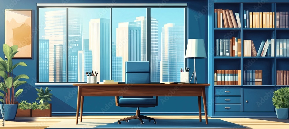 Modern Office with City View and Bookshelf Modern Office with City View and Bookshelf