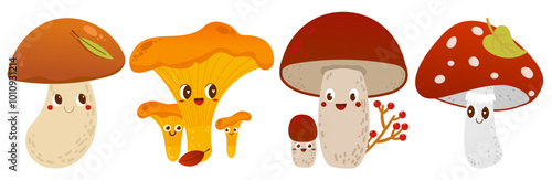 Cute cartoon mushroom family growing in the autumn forest. Seasonal mushroom products, edible and poisonous plants. Set of flat vector illustrations. Mushrooms on a white background