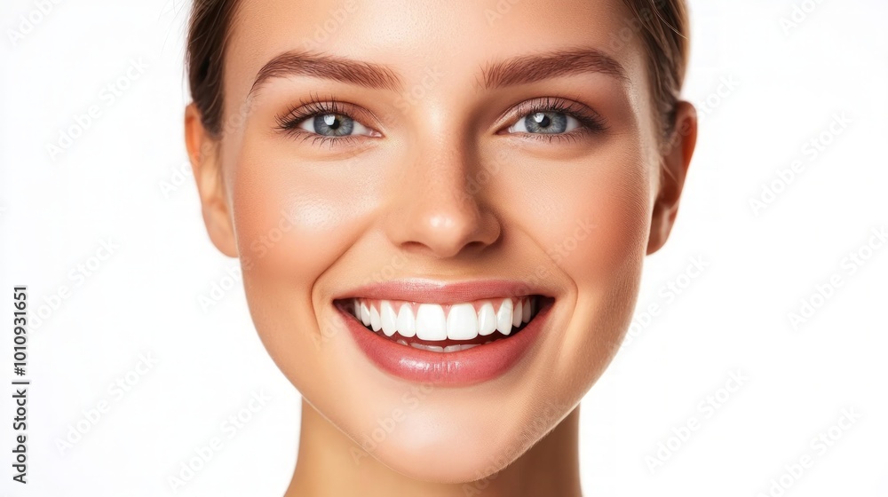 Radiant Smile, bright and youthful woman exudes confidence with a captivating smile, showcasing flawless skin and sparkling blue eyes against a soft white background. Radiant Smile, bright and youthful woman exudes confidence with a captivating smile, showcasing flawless skin and sparkling blue eyes against a soft white background.