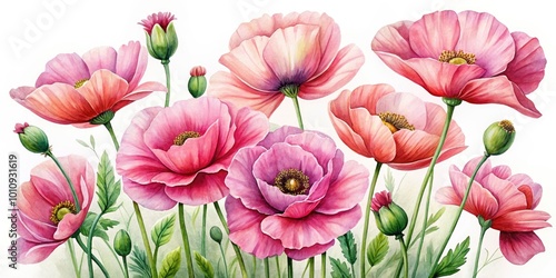 Charming watercolor illustration featuring pink poppy flowers, perfect for floral design enthusiasts and home decor projects. A delightful touch to enhance your living space.