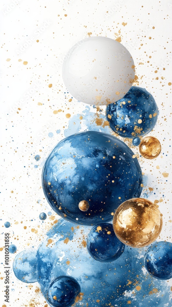 Modern Artistic Abstract with Blue, Gold, and White Glitter Spots for Home Decor Modern Artistic Abstract with Blue, Gold, and White Glitter Spots for Home Decor