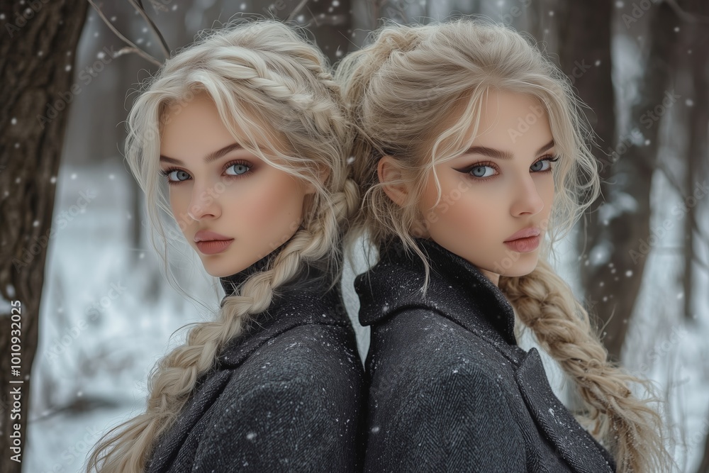 Two Blonde Women with Elegant Braids in Snowy Winter Forest Setting Two Blonde Women with Elegant Braids in Snowy Winter Forest Setting