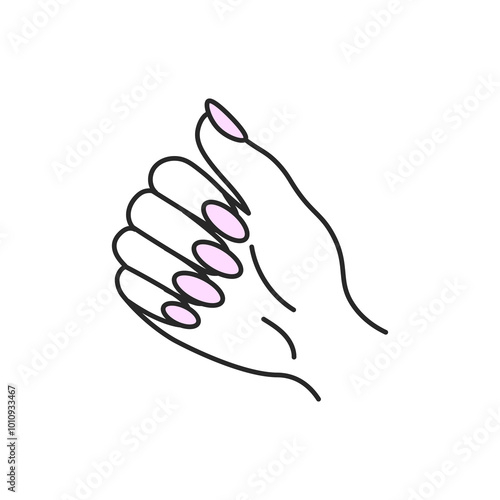 Female Hand with Elegant Manicure Icon. Woman gesture with pink polished nails. Outline isolated vector illustration in doodle style