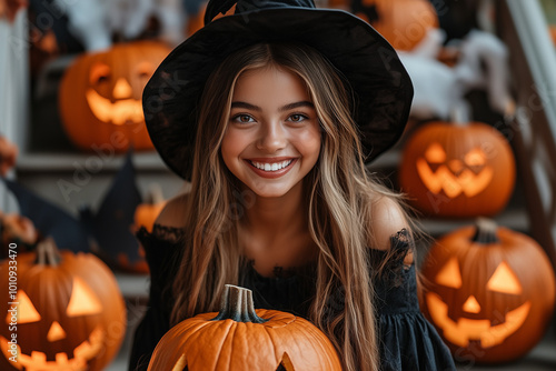 photo d'une jeune femme souriante autour de citrouille d'halloween, fille portant un chapeau sourire photo