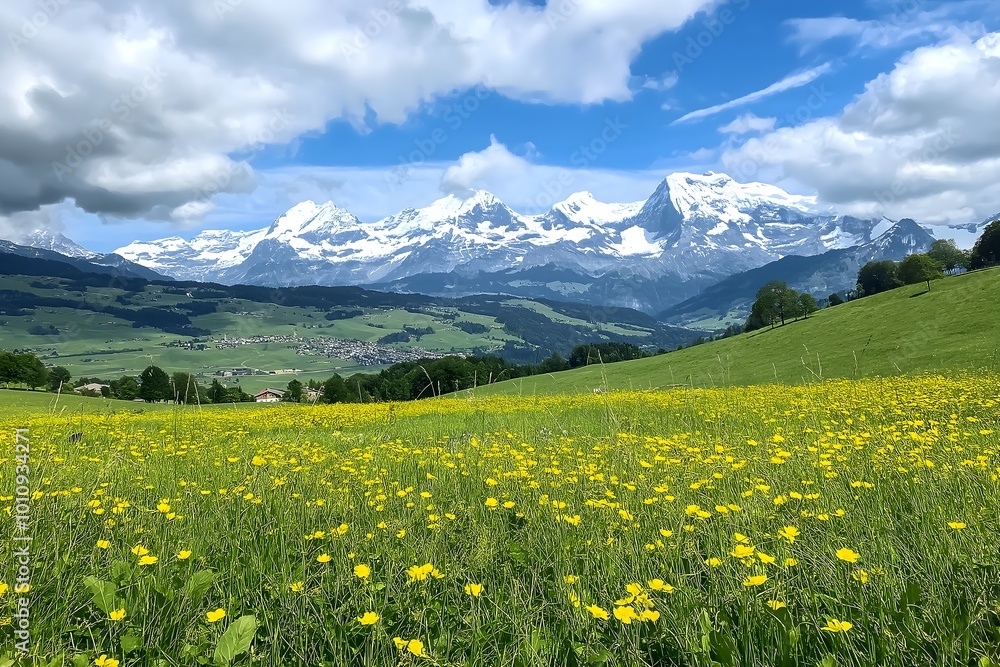 Beautiful Green Meadow With Yellow Flowers in the Foreground, Small Hills, and Snow-capped Mountains Behind Them, Blue Sky With White Clouds, Landscape Photography Beautiful Green Meadow With Yellow Flowers in the Foreground, Small Hills, and Snow-capped Mountains Behind Them, Blue Sky With White Clouds, Landscape Photography