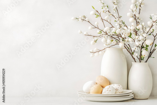 Elegant easter decor with cotton branches and eggs on minimalistic background