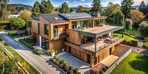 Contemporary house featuring a full wood fa  ade  showcasing modern architecture and sustainable materials for an