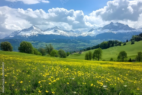 Beautiful Green Meadow With Yellow Flowers in the Foreground, Small Hills, and Snow-capped Mountains Behind Them, Blue Sky With White Clouds, Landscape Photography