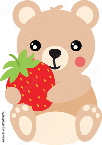Cute teddy bear holding a red strawberry