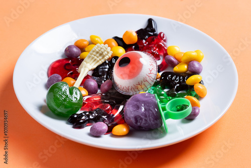 Assortment of Halloween candies on orange background photo