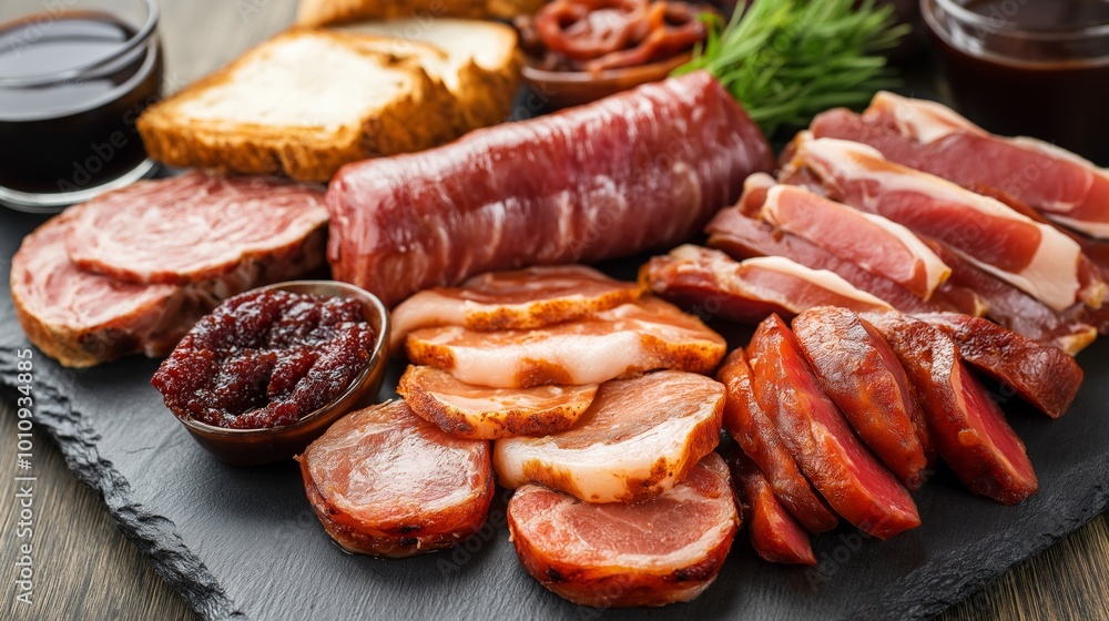 Delicious assortment of high cholesterol foods displayed on a rustic wooden table featuring cured meats and artisanal bread Delicious assortment of high cholesterol foods displayed on a rustic wooden table featuring cured meats and artisanal bread