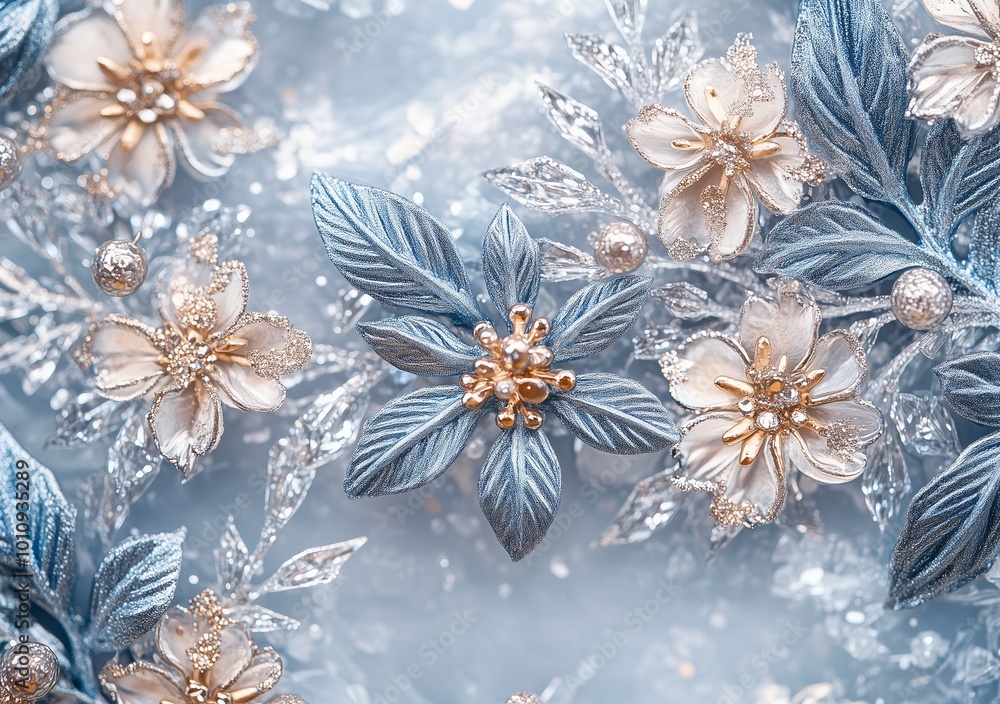 Ultra Close-Up of Intricate Frosty Blue Snowflakes with Floral Ornaments Ultra Close-Up of Intricate Frosty Blue Snowflakes with Floral Ornaments