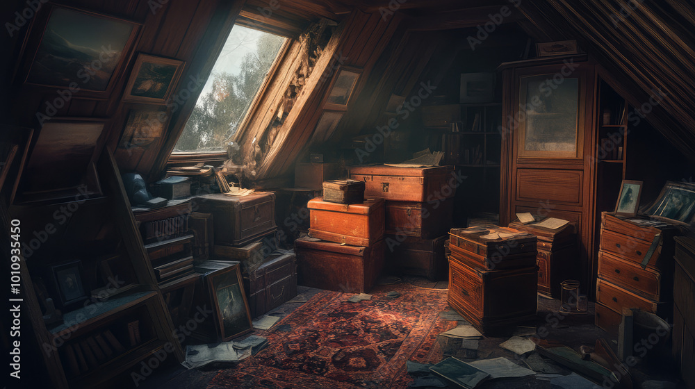 The eerie wood house attic is filled with forgotten trunks and strange objects, shrouded in a cold atmosphere that heightens the sense of unease. The eerie wood house attic is filled with forgotten trunks and strange objects, shrouded in a cold atmosphere that heightens the sense of unease.
