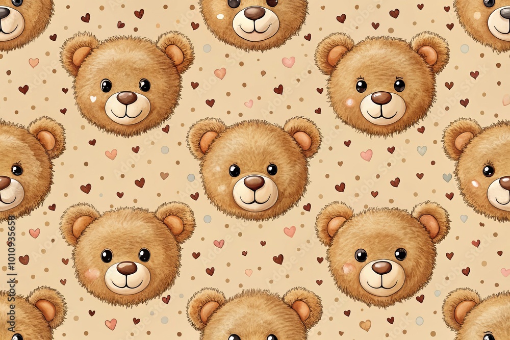 Cute seamless pattern featuring adorable brown teddy bears with hand-drawn faces, hearts, and playful polka dots, all Cute seamless pattern featuring adorable brown teddy bears with hand-drawn faces, hearts, and playful polka dots, all