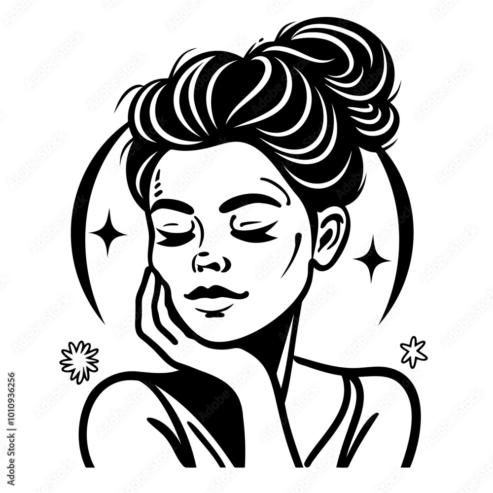 Peaceful Woman Resting Her Head on Hand Line Art Peaceful Woman Resting Her Head on Hand Line Art