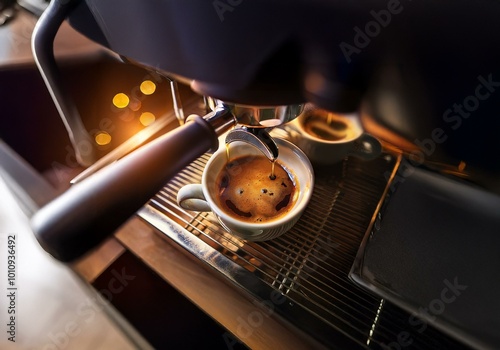 Espresso machine pouring a shot of espresso into a white cup, with a second cup in the background. photo