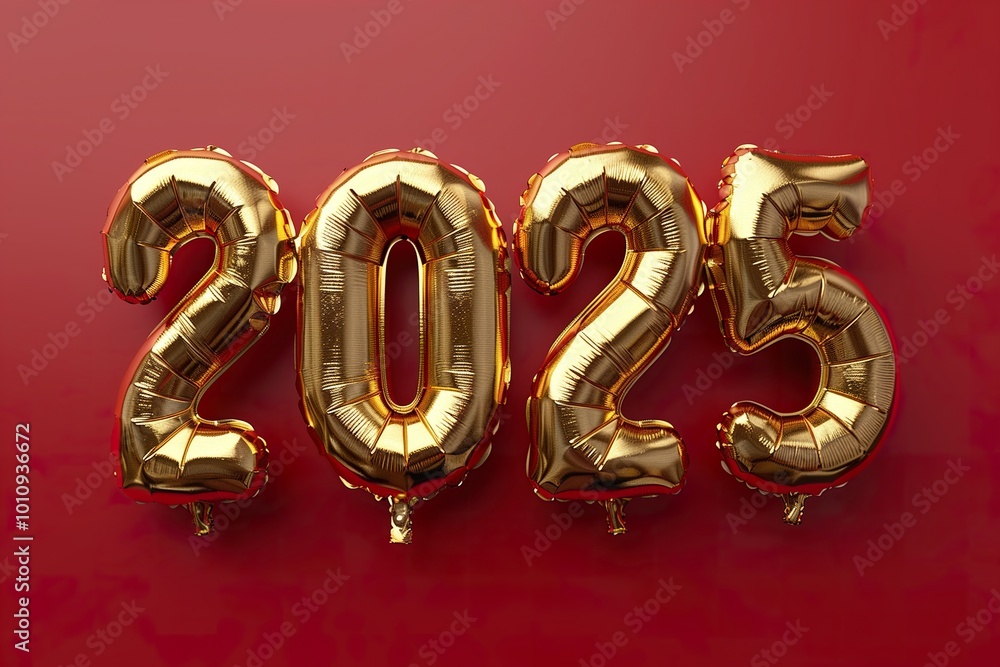 Golden balloons form the number 2025 on a background with space for copying. Golden balloons form the number 2025 on a background with space for copying.