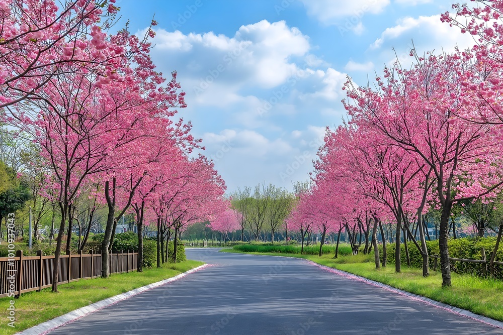 Asphalt Road With Pink Flowers Blooming in Large Groups and Green Trees Grow Around Them, Blue Sky With White Clouds Contrasts Sharply Against It, Landscape Photography Asphalt Road With Pink Flowers Blooming in Large Groups and Green Trees Grow Around Them, Blue Sky With White Clouds Contrasts Sharply Against It, Landscape Photography
