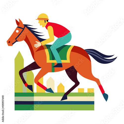 Jockey and Horse in Motion: A vibrant, stylized illustration of a jockey riding a chestnut horse over a hurdle, capturing the energy and excitement of equestrian sports.  