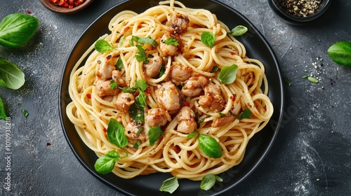 A delicious plate of chicken spaghetti garnished with basil and spices.