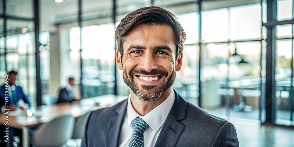 A cheerful businessman sits at his desk in a contemporary office, exuding happiness and productivity. His smile reflects confidence and achievement in a dynamic work environment. A cheerful businessman sits at his desk in a contemporary office, exuding happiness and productivity. His smile reflects confidence and achievement in a dynamic work environment.