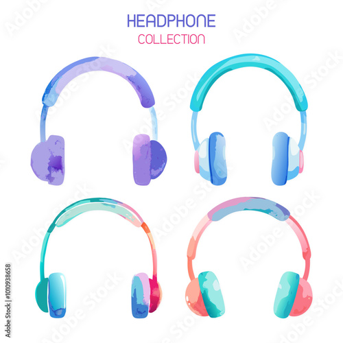 Set Of Watercolor Headphone Vector Illustration