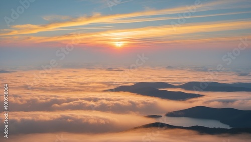 Sunrise Over a Sea of Clouds and a Hidden Lake.