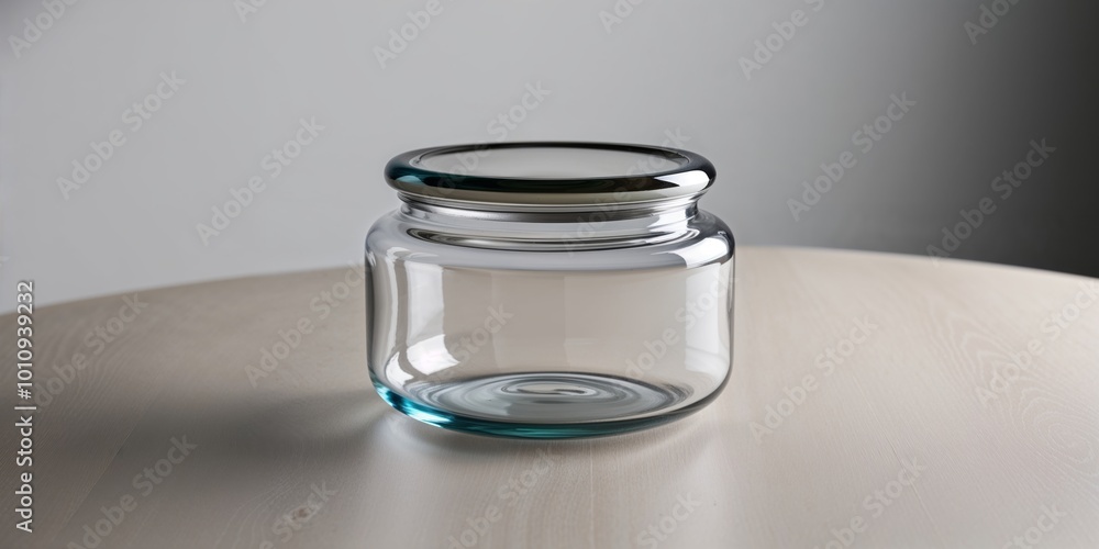 A clear glass jar sits on a table surface. A clear glass jar sits on a table surface.
