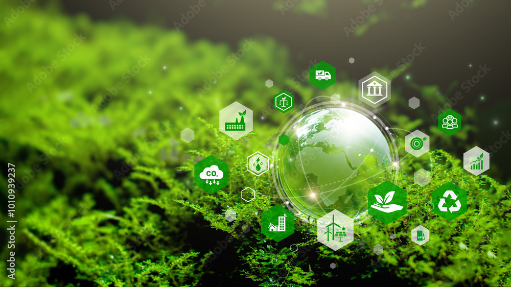 Crystal globe ball with icon for ESG, Environment Social and Governance. Concept of World sustainable environment, Save our Planet, World Environment Day, World Earth Day, Climate change and net zero. Crystal globe ball with icon for ESG, Environment Social and Governance. Concept of World sustainable environment, Save our Planet, World Environment Day, World Earth Day, Climate change and net zero.
