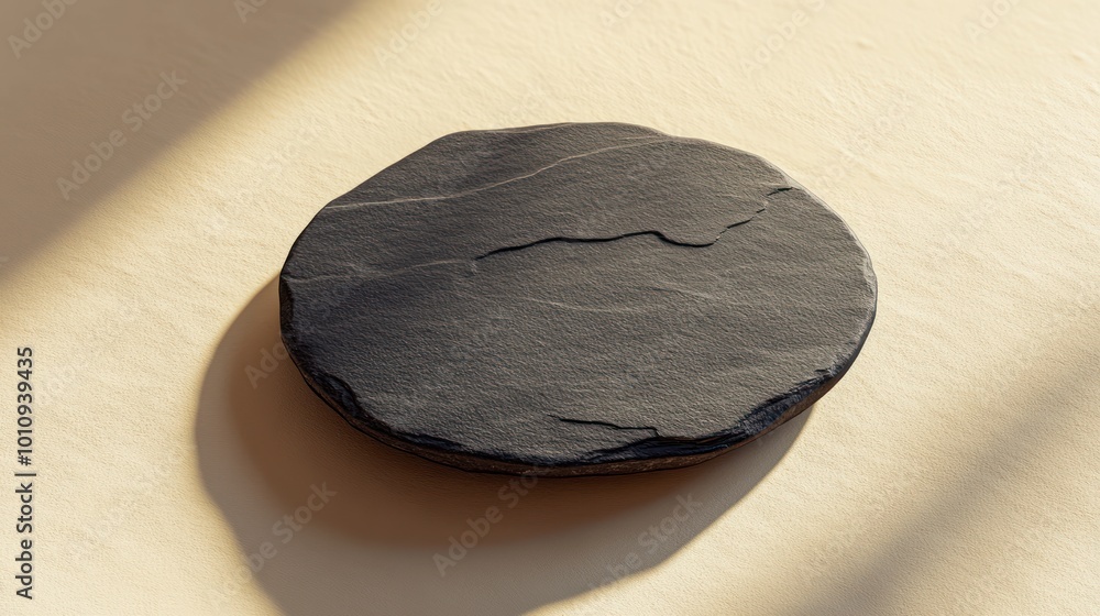 Naklejka premium Black Slate Coaster on Beige Background