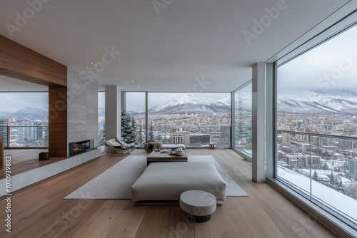 A modern living room featuring large glass windows, presents a breathtaking snowy mountain view, complemented by a cozy fireplace and minimalist interior design. photo