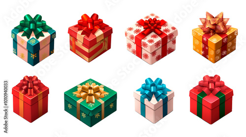 A festive collection of beautifully wrapped Christmas gift boxes with ribbons and bows photo