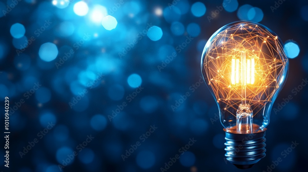 Glowing Innovation, a luminous light bulb illuminates a mystical blue background, symbolizing creativity, ideas, and the brilliance of modern technology. Glowing Innovation, a luminous light bulb illuminates a mystical blue background, symbolizing creativity, ideas, and the brilliance of modern technology.