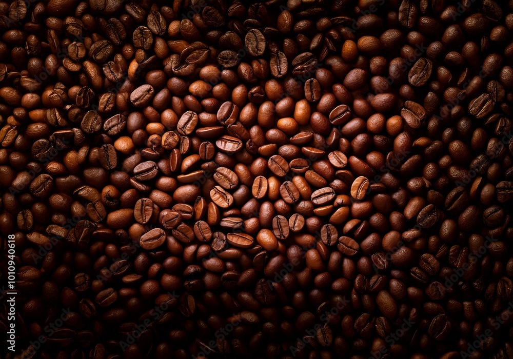 Close up of roasted coffee beans, many brown beans arranged in an intricate pattern. Close up of roasted coffee beans, many brown beans arranged in an intricate pattern.