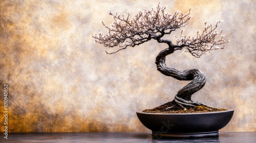 A beautifully twisted bonsai tree in a decorative pot against a textured background.