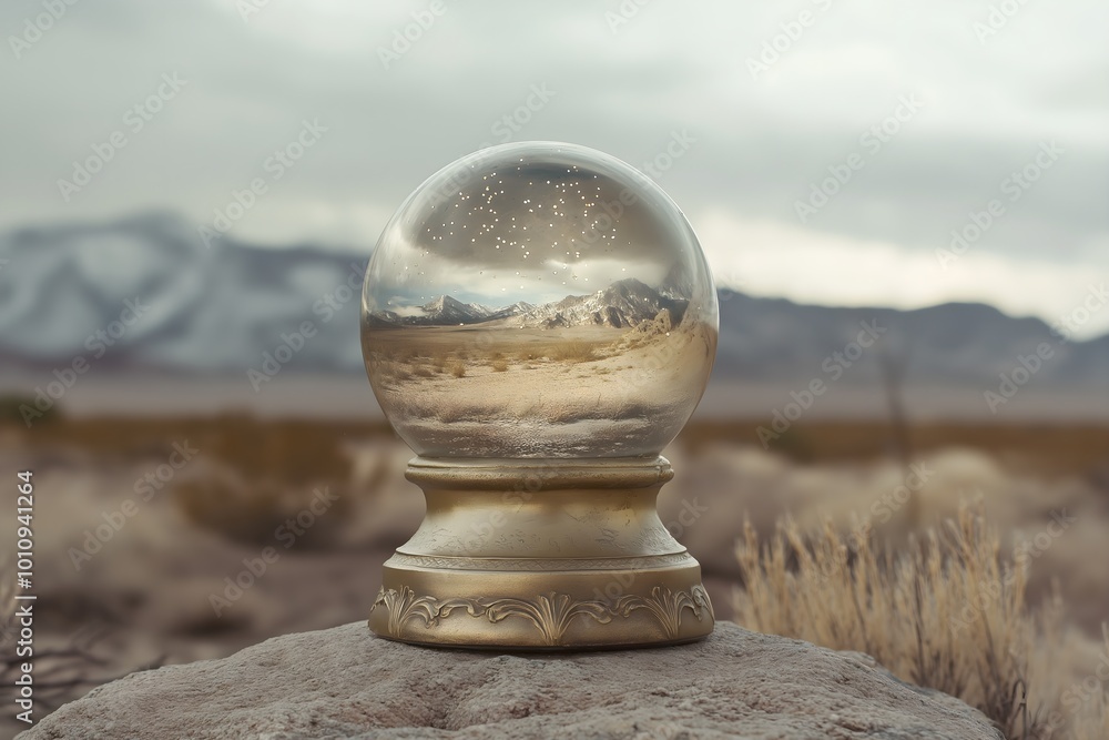 A Glass Globe Containing a Miniature World Within It, Resting on a Stone Pedestal in the Middle of an Open Landscape A Glass Globe Containing a Miniature World Within It, Resting on a Stone Pedestal in the Middle of an Open Landscape