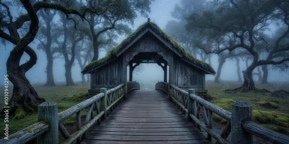 Mysterious wooden bridge enveloped in fog at twilight in a secluded forest. Mysterious wooden bridge enveloped in fog at twilight in a secluded forest.