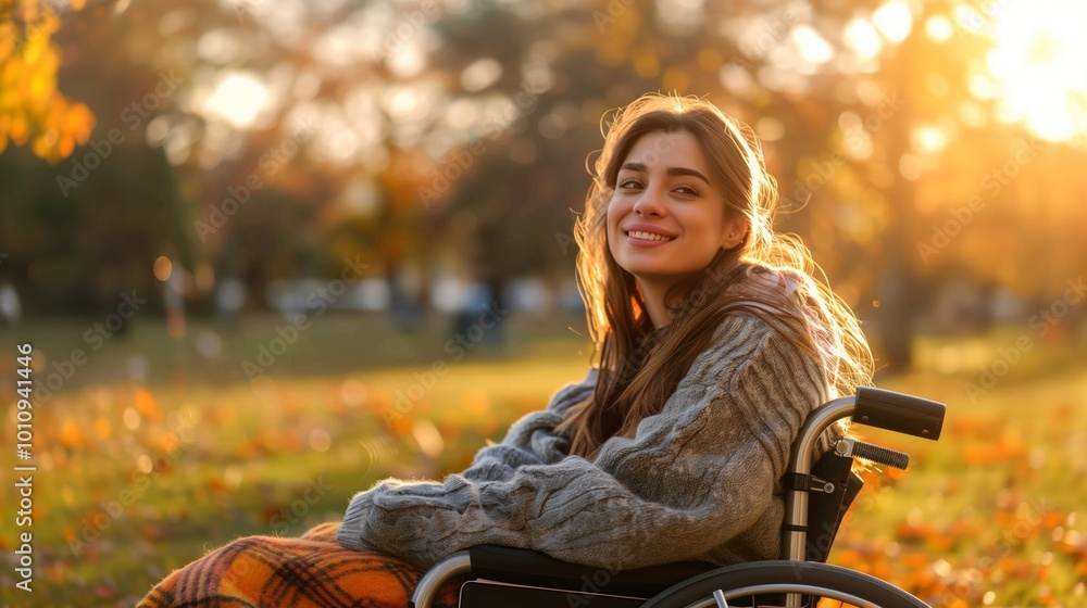 Young woman in a wheelchair enjoying the warmth of autumn sunshine in a park surrounded by colorful leaves Young woman in a wheelchair enjoying the warmth of autumn sunshine in a park surrounded by colorful leaves