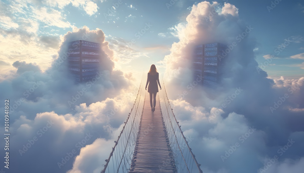 Fototapeta premium A serene figure walks on a bridge through fluffy clouds under a dreamy sky, representing a journey into the unknown.