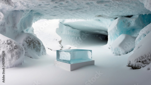 Winter ice podium in a frozen cave surrounded by snowy rocks. photo