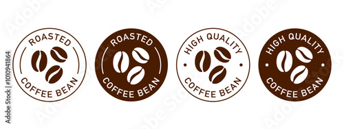 Roasted coffee beans label vector design for packaging. High quality coffee brown sticker. Transparent background. Illustration, logo, stamp, tag, emblem, mark or seal.