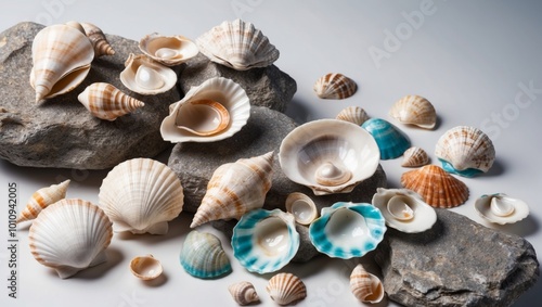 a bunch of seashells that are laying on some rocks.