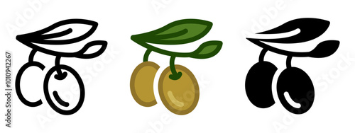 Green olive icon. Olive tree branch illustration. Olive oil logo. Greece cuisine sign. Italy symbol.