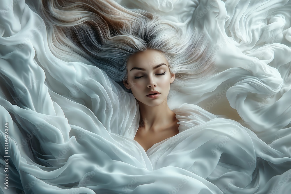 Serene Woman Resting Amidst Flowing White Fabric in Dreamlike Setting Serene Woman Resting Amidst Flowing White Fabric in Dreamlike Setting