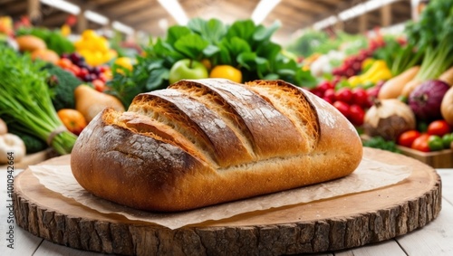 Freshly baked sourdough bread with a crispy crust on a wooden board farm market stall background.