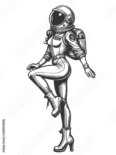 Sexy pin-up woman bubble astronaut space helmet with flowing hair classic beauty sketch engraving generative ai fictional character vector illustration. Scratch board imitation. Black and white image.