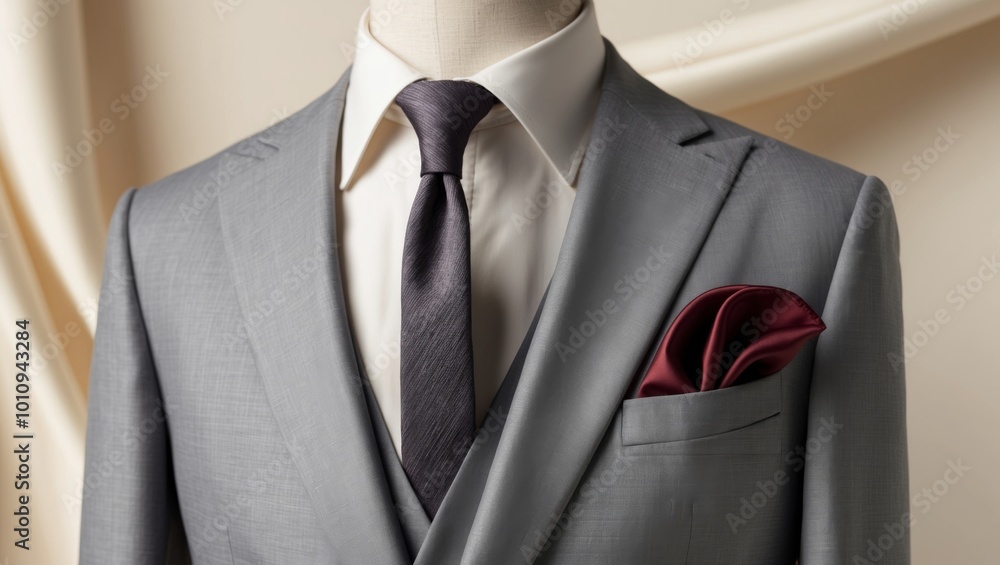 Closeup of a Grey Suit with a Dark Tie and Pocket Square. Closeup of a Grey Suit with a Dark Tie and Pocket Square.