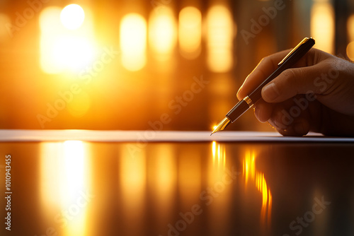 A person is writing with a pen on a piece of paper. Concept of focus and concentration, as the person is putting their thoughts onto paper photo