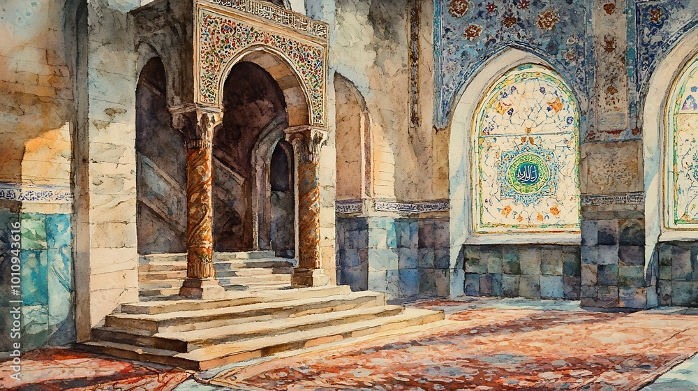 Obraz premium Watercolor Illustration of an Ornate Mosque Interior.