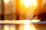 A person is writing with a pen on a piece of paper. Concept of focus and concentration as the person carefully writes. The pen and paper are the main objects in the scene